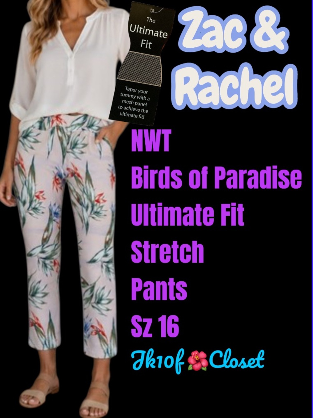 LOWEST🌺NWT Zac & Rachel Sz16 Pink Tropical Birds of Paradise Stretch Crop Pants